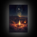 Primitive Art, Campfire under the stars, camping art, framed canvas print