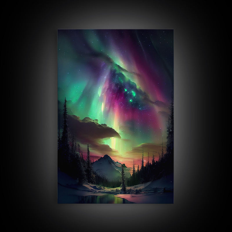 Aurora Borealis, Northern Lights Art, framed canvas print, snow capped mountain landscape art