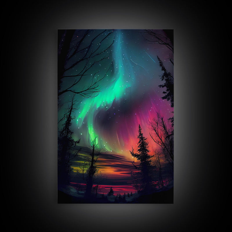 Aurora Borealis, Northern Lights Art, framed canvas print, snow capped mountain landscape art