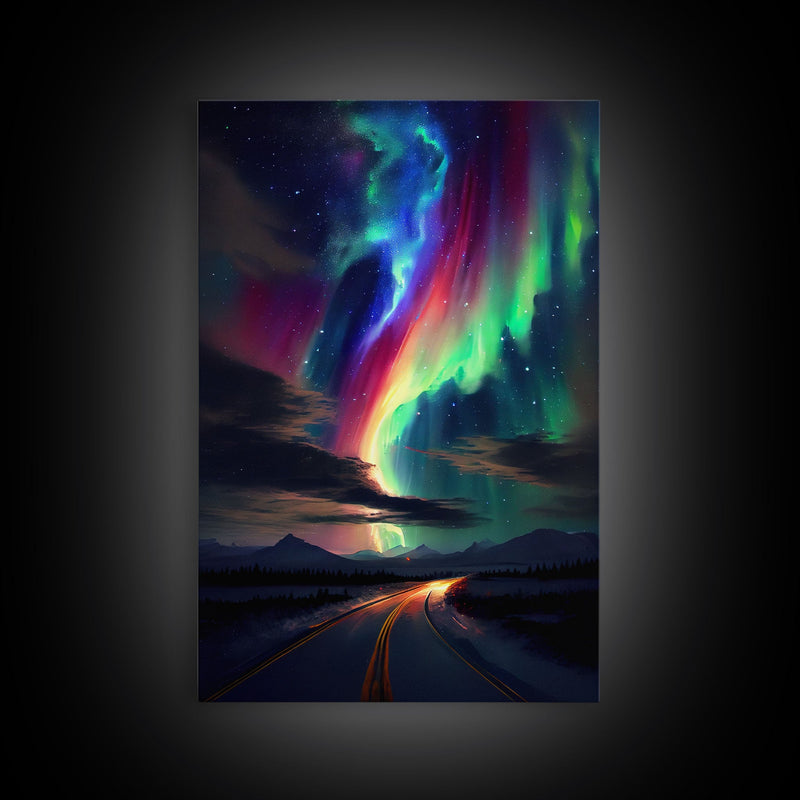 Winter road Under the Aurora Borealis, Northern Lights Art, framed canvas print, snow capped mountain landscape art