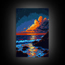 Pixel Art Sunset obscured by clouds, framed canvas print, 8 bit art