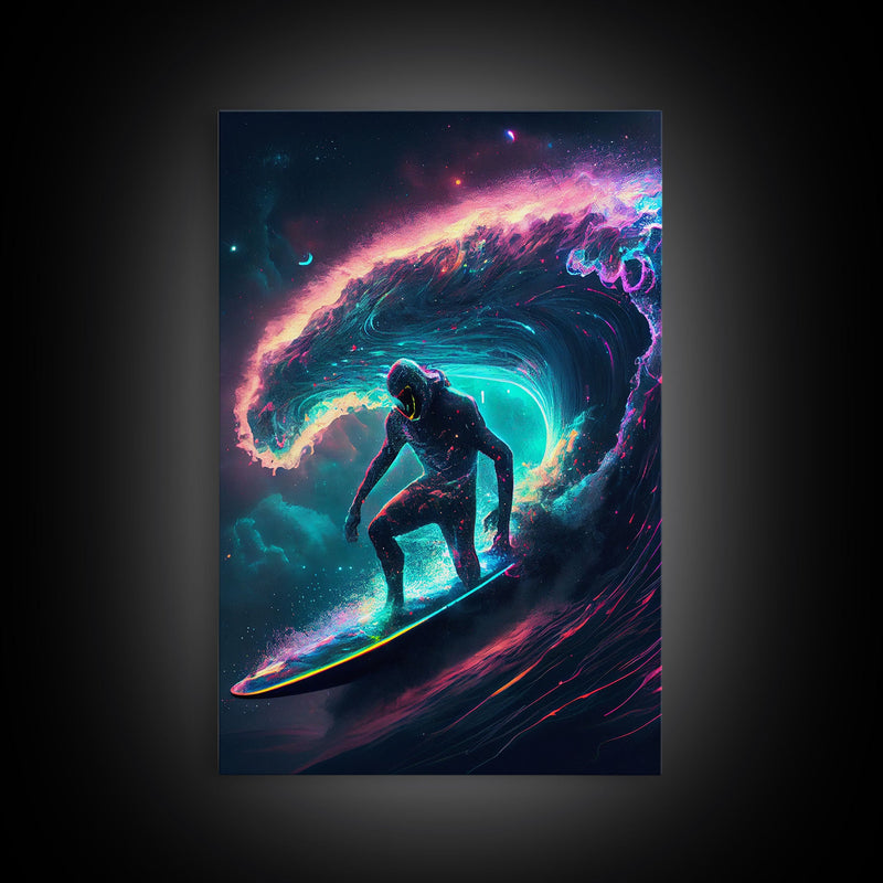 Astronaut surfing the stars, Cosmic Surfer, Galaxy Art, framed canvas print, unique colorful wall art