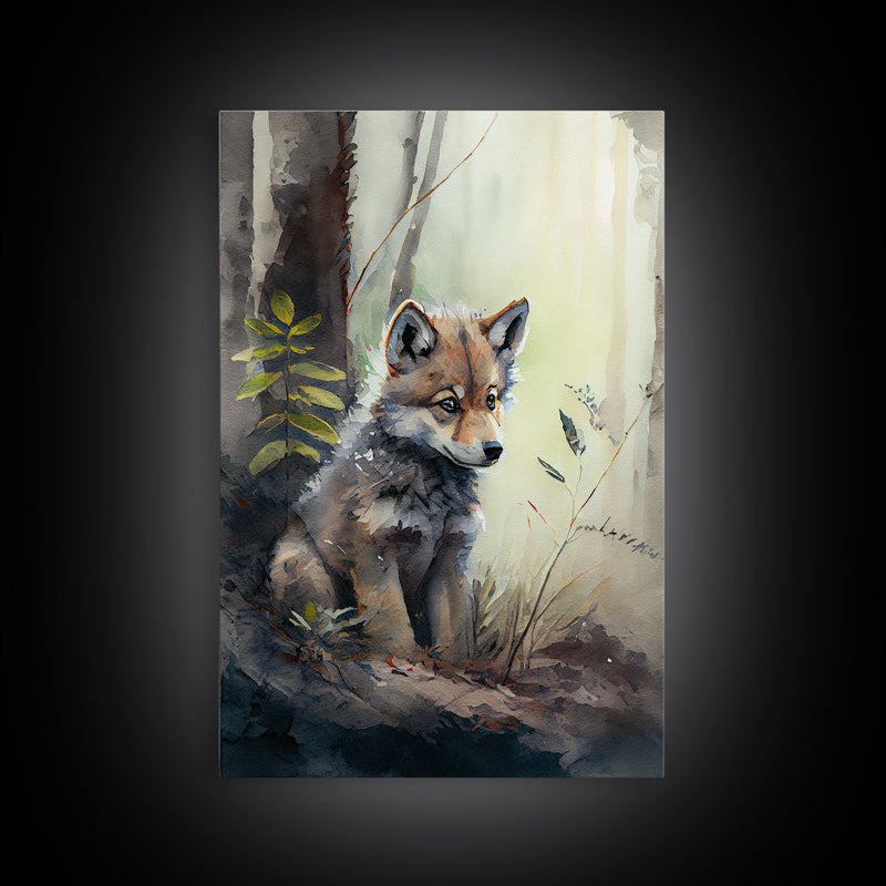 Watercolor of a wolf pup, framed canvas print