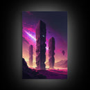 The Monoliths, Scifi art, retro synthwave style alien planet art, framed canvas print