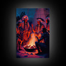 Wild West Decor, framed canvas print, Watercolor of Native Americans enjoying a campfire