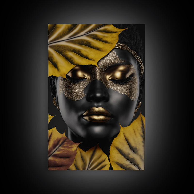 Beautiful Woman Art Framed Canvas Print Black Gold Woman Wall Art Lady Print, Gold Face Leaves Palm decor ready to hang Ethnic girl portrait