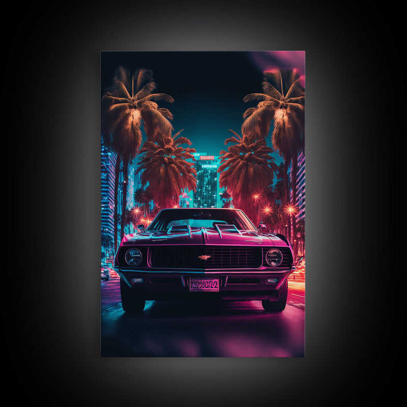 American Muscle Car on Sunset Strip, Retro Synthwave Art, Framed Canvas Print, Gift For Him, Muscle Car Art