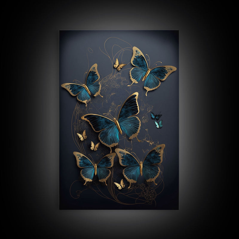 Blue Butterflies Canvas Print Wall Art, Blue and Gold Butterfly Canvas Painting, Butterfly Wall Decor, Home Gift, ready to hang decor