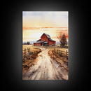 Sunset Over A Red Barn, Watercolor Painting Canvas Print, Country Poster Art,  Framed Canvas, Country Roads, Rustic Farmhouse Decor