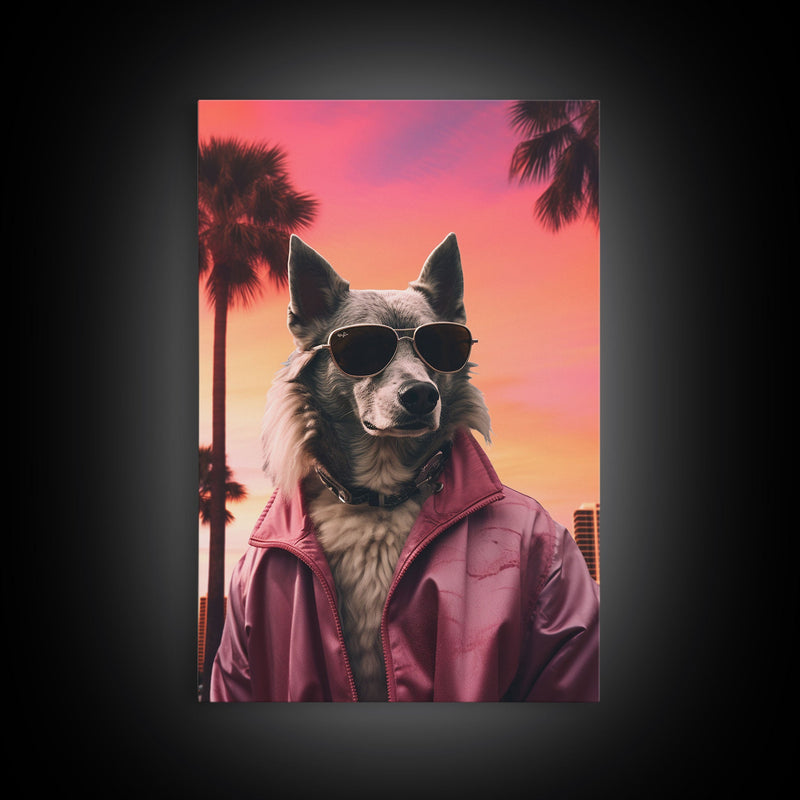 Wolfdog Wall Print, Dog Wall Art, Dog Sunglasses, Dog In Pink Jacket, Funny Art, Framed Wall Art, Framed Canvas, Wall Print, Wall Canvas