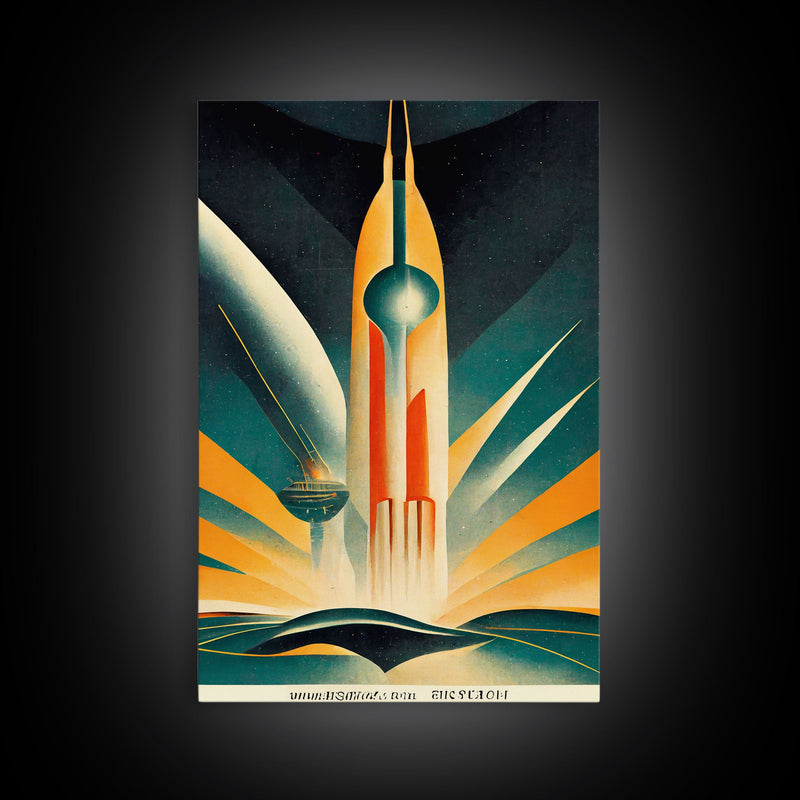 Art Deco Style Spaceship, Space Exploration, Science Fiction / SciFi Canvas Print, Ready to Hang Wall Art