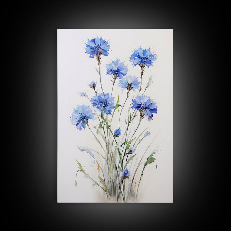 Blue Bachelor Buttons Art Print - Framed Giclee Oil Painting Print - Oil Painting Still Life Original - Large Flower Canvas Print or Poster