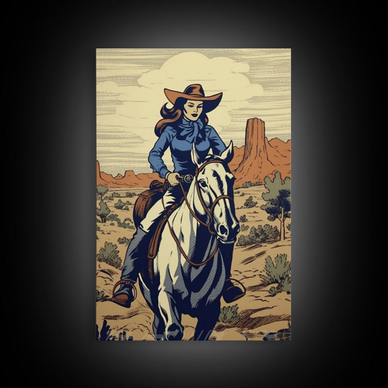 Western Cowgirl Deco, 24x36 Canvas Print, Equestrian Wall Art, Cowboy Decor, Southwestern Art, Wild West Retro Decor, Western Comic Book Art