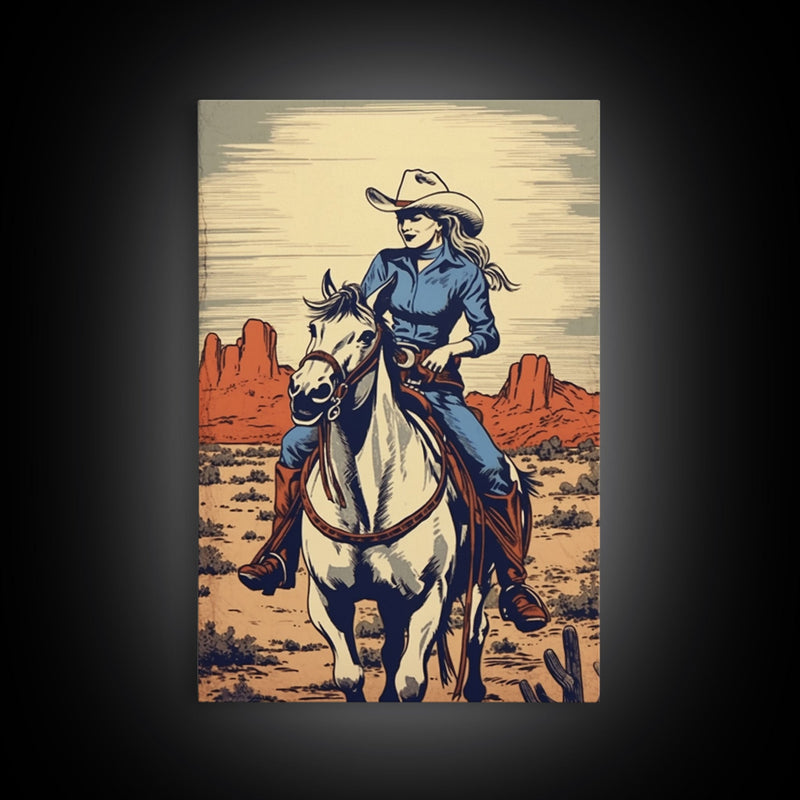 Western Cowgirl Art, 24x36 Canvas Print, Equestrian Wall Art, Cowboy Decor, Southwestern Art, Wild West Retro Decor, Western Comic Book Art