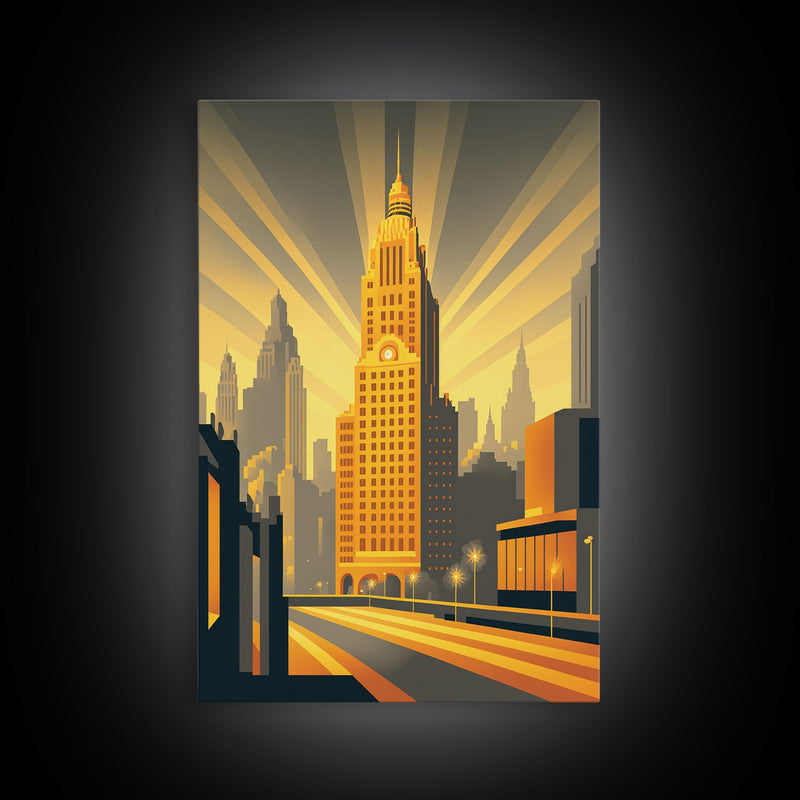 Art Deco Architecture, Framed Canvas Print, 1930s Style Art Deco City Skyline