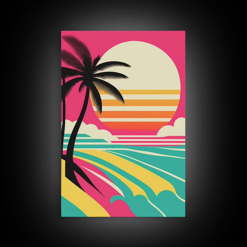 Beautiful Turquoise Retro Style Beach Art, Triptych 3 Panel Framed Canvas Prints, Palm Trees and Sunset, 80s Vibes Vaporwave Art Deco Mashup