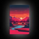 Retro Synthwave Desert Landscape Art, Framed Canvas Print, Unique Sunset Art, Living Room Wall Decor, Framed Art