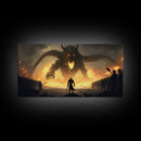 Warrior Facing Down a Dragon, Framed Canvas Print, Unique Fantasy Wall Art, In The Time of Dragons