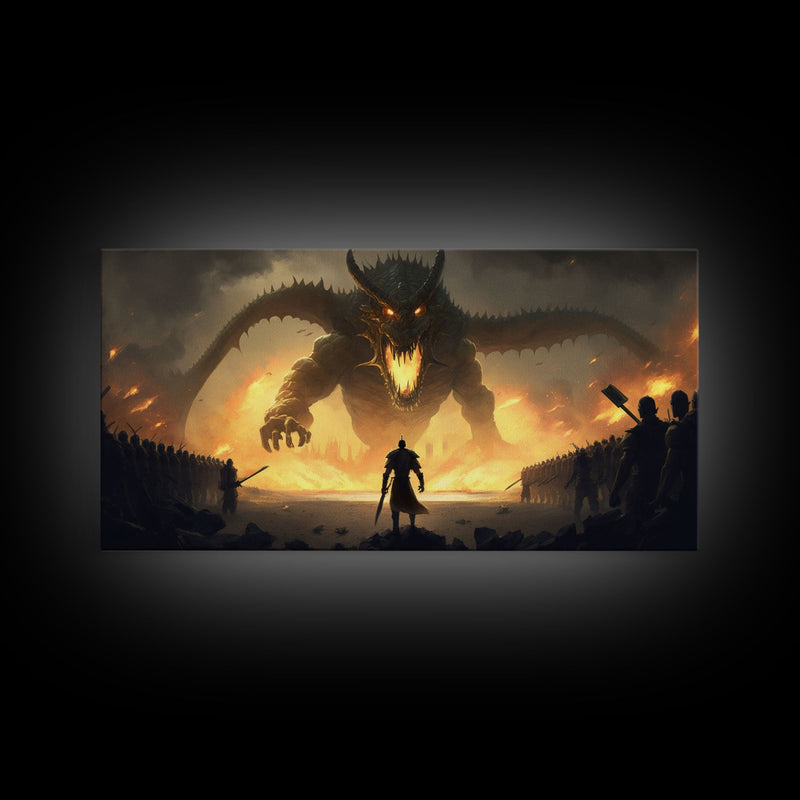 Warrior Facing Down a Dragon, Framed Canvas Print, Unique Fantasy Wall Art, In The Time of Dragons