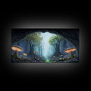 Magical Enchanted Mushroom Forest, Fantasy Art, Framed Canvas Print, Bioluminescent Butterflies in an Enchanted Forest, Glowing Art