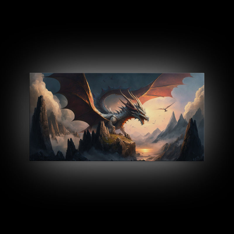 White Dragon on a Mountain Top,  Fantasy Art, Framed Canvas Print, Medieval Fantasy Art, Fire breathing dragons