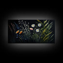 Meadow Flowers, Black Background, Framed Canvas Print, Floral Study Watercolor Painting