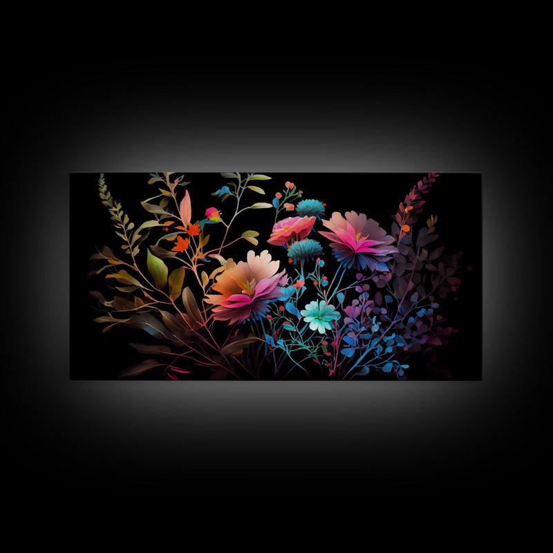 Wild Flower Art, Black Background, Framed Canvas Print, Canvas Art, Mother's Day, Watercolor Painting of Flowers on Canvas, Living Room Art