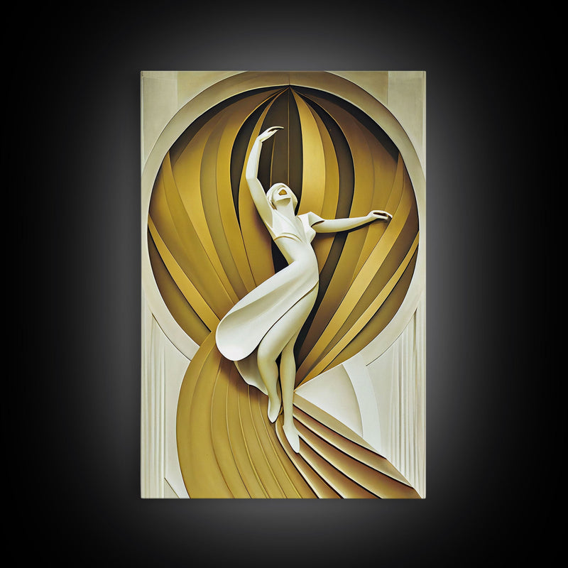 Art Deco Sculpture Canvas Print, Framed Wall Art, 1930s Inspired Retro Art, White and Gold Ballerina