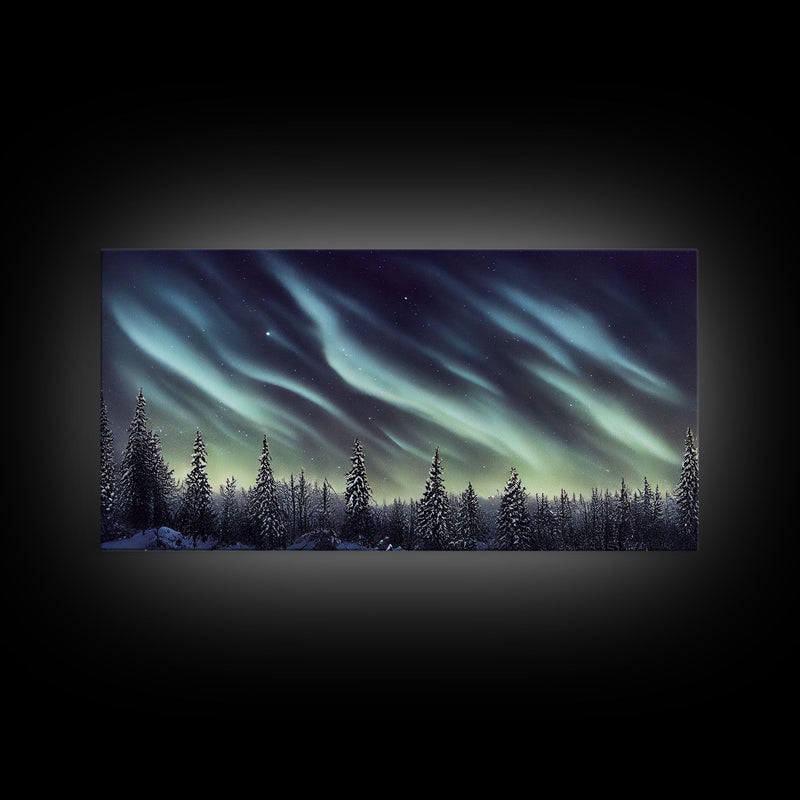 Aurora borealis over a snowy northern forest, canvas print, scenic winter landscape art, northern lights