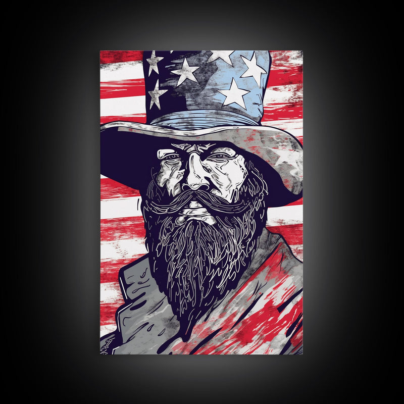 Wild West Uncle Sam Portrait, Patriotic Art, Framed Canvas Print, Stars and Stripes, Wall Art, Wild West Decor