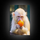 White Monkey Wall Decor, Albino Monkey Wall Art, Monkey Eating Orange, Animal Wall Art, Wall Decor, Canvas Print, Wall Art, Framed Canvas