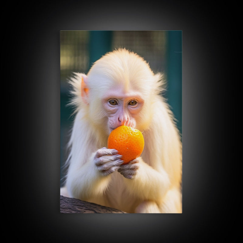 White Monkey Wall Decor, Albino Monkey Wall Art, Monkey Eating Orange, Animal Wall Art, Wall Decor, Canvas Print, Wall Art, Framed Canvas