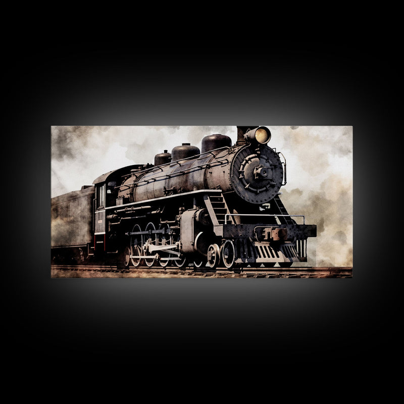 Black Steam Train Wall Art, Locomotive Wall Decor, Retro Train Wall Art, Panoramic Wall Decor, Canvas Print, Wall Art, Framed Canvas Art