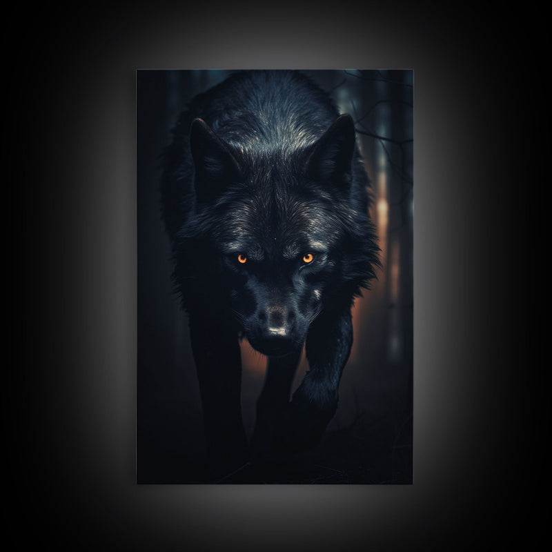 Wolf Print, Black Wolf On The Hunt, Framed Canvas Art