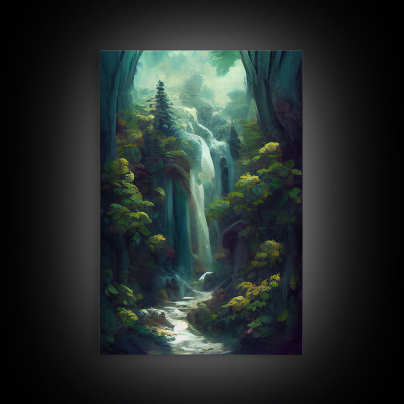 Waterfall canvas print, fantasy wall art, watercolor print, high fantasy, nature landscape living room wall art