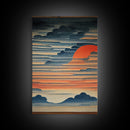 Japanese style wall art, sunrise over the mountains, canvas print, woodblock print style art, Hokusai style wall art