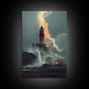 Lighthouse Oil Painting Canvas Print, Lightning striking a lighthouse during a dark stormy night, gloomy wall art
