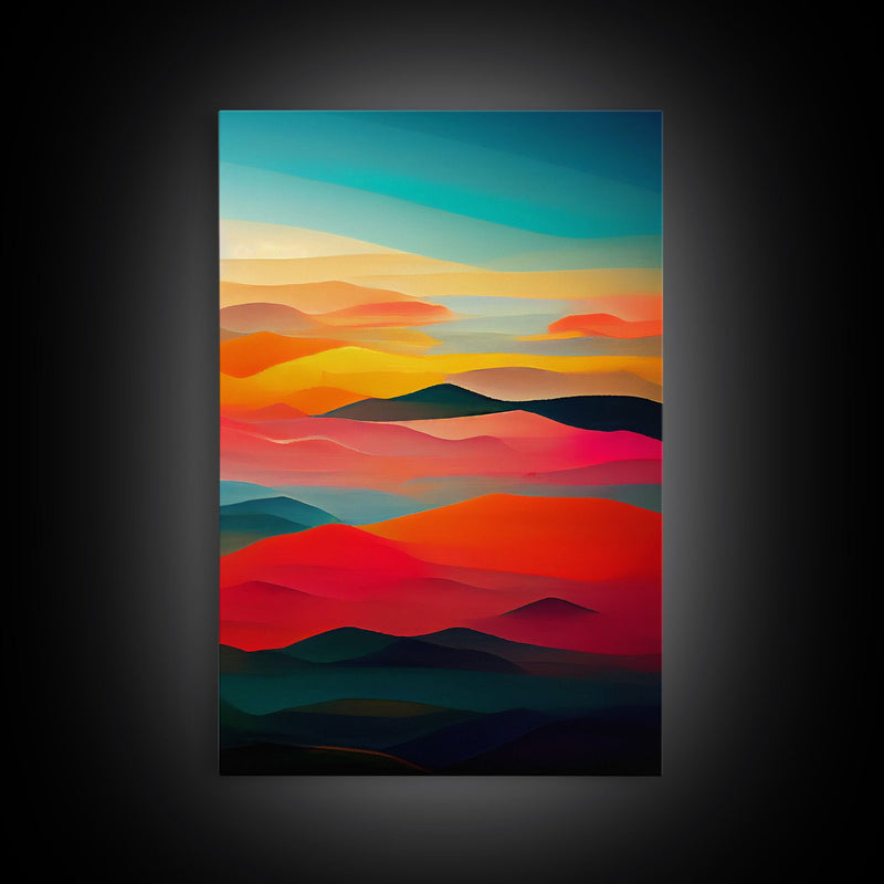 Art deco style clouds and sunset, midcentury modern art, canvas print, unique colorful wall art