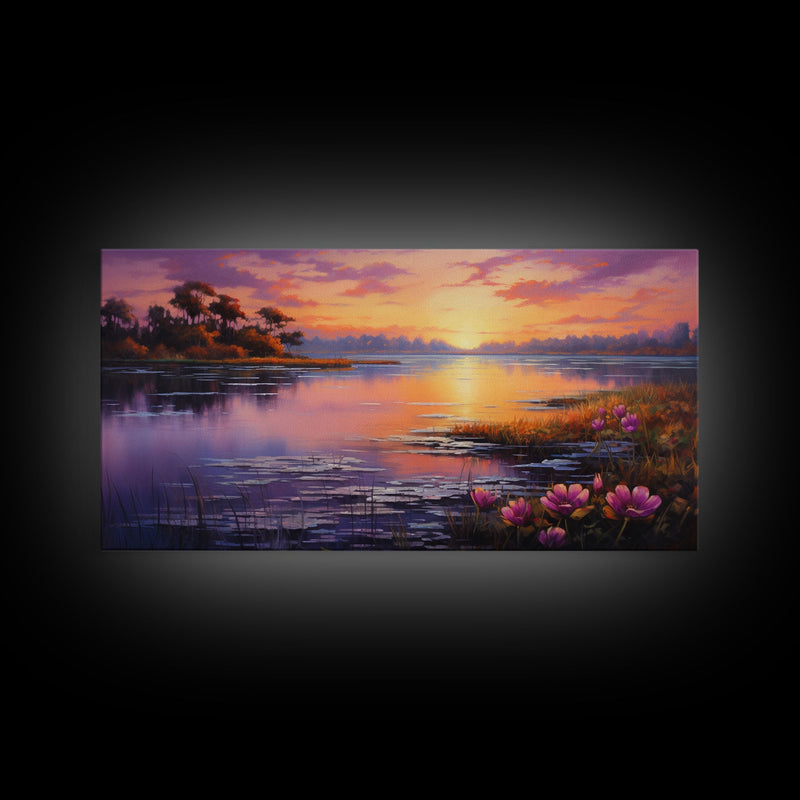 Beautiful Lake At Sunset, Framed Canvas Print, Landscape Oil Painting Print, Lakehouse Art, Lake Art, Lake House Decor, Nature Art