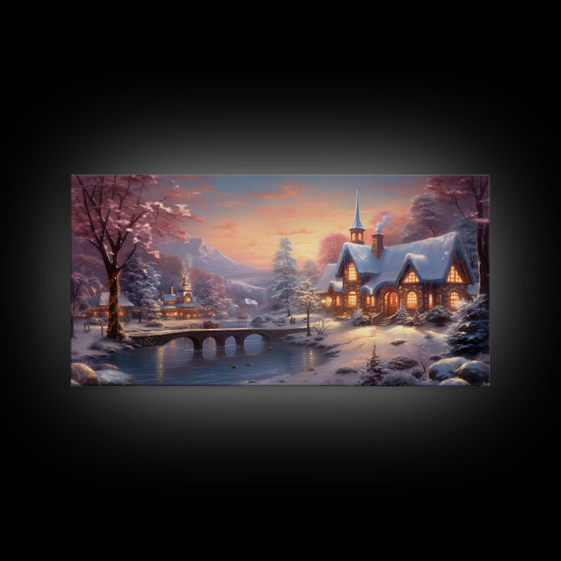 Winter Art, Framed Canvas Print, Cute Whimsical Victorian Village In Winter Painting, Home Decor, Contemporary Modern Art