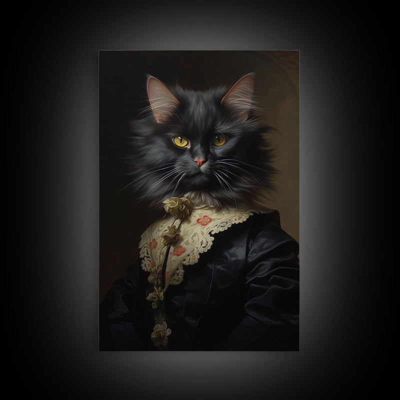 Victorian Cat Portrait, Funny Halloween Decor, Cute Cat Halloween Art, Framed Canvas Print