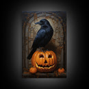 Macabre Crow Atop A Jack O Lantern, Framed Canvas Print, Halloween Decor, Raven Painting, Victorian Oil Painting Print, Macabre Horror Print