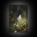 The Ghost Amongst The Flowers, Halloween Canvas Print, Framed Canvas Art, Halloween Decor, Dark Academia, Horror Prints, Oil Painting