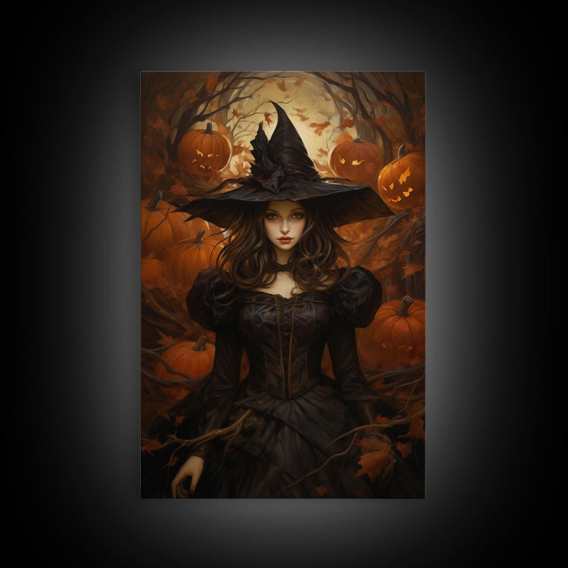 Beautiful Gothic Witch Art, Framed Halloween Canvas, Canvas Print, Spooky Halloween Wall Art, Halloween Deco, Witchy Art Pumpkin Patch Witch