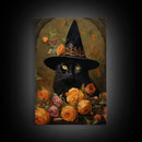 Cute Witch's Familiar Cat Halloween Art, Cat Witch, Cat Painting, Cute Cat Print, Halloween Decor, Black Cat Print, Framed Canvas / Canvas