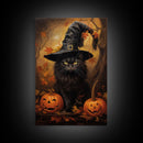 The Witch Cat With Her Jack O Lanterns, Framed Canvas Print, Dark Academia Halloween Art, Victorian Cat Oil Painting, Goth Halloween Decor