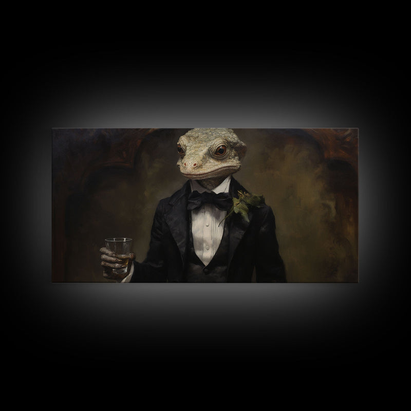 Victorian Gecko Business Man, Witch's Familiar Art, Halloween Decor, Framed Canvas Print, Halloween Wall Art, Victorian Gothic Art