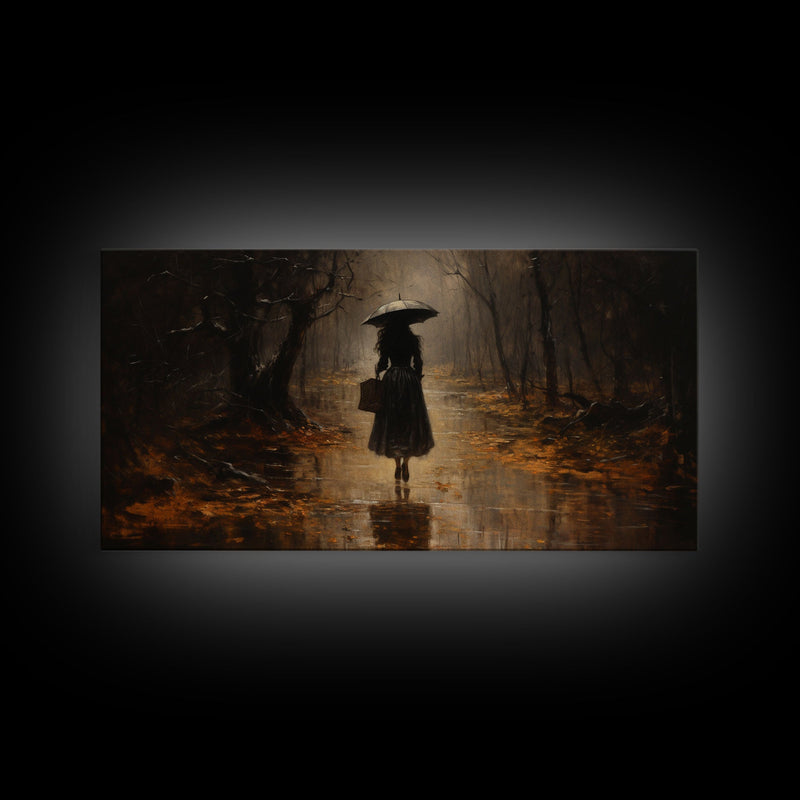 Witch Walking In The Rain, Witch Print, Framed Canvas or Poster, Victorian Oil Painting, Dark Academia, Witchcraft Decor, Witchy Art