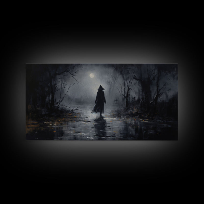 Witch Walking In The Rain Under A Full Moon, Witch Print, Framed Canvas or Poster, Victorian Oil Painting, Dark Academia, Witchcraft Decor