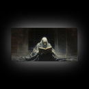 Grim Reaper Reading A Book In A Haunted Library, Framed Canvas Print, Victorian Oil Painting Style, Spooky Halloween Decor, Goth Art